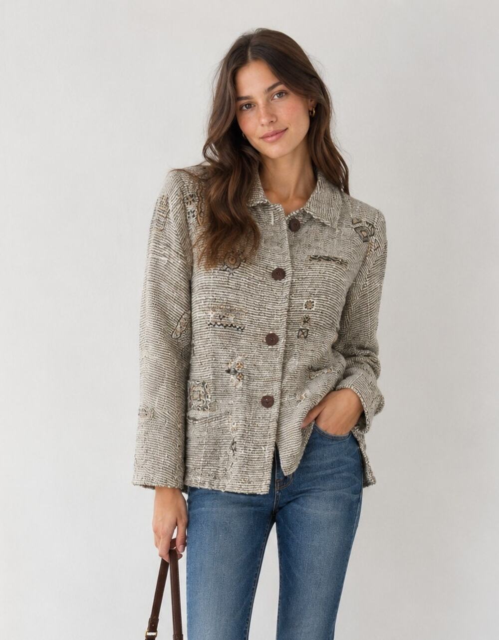 Chico's Boho Beaded Blazer Jacket Sz Medium Brown Black